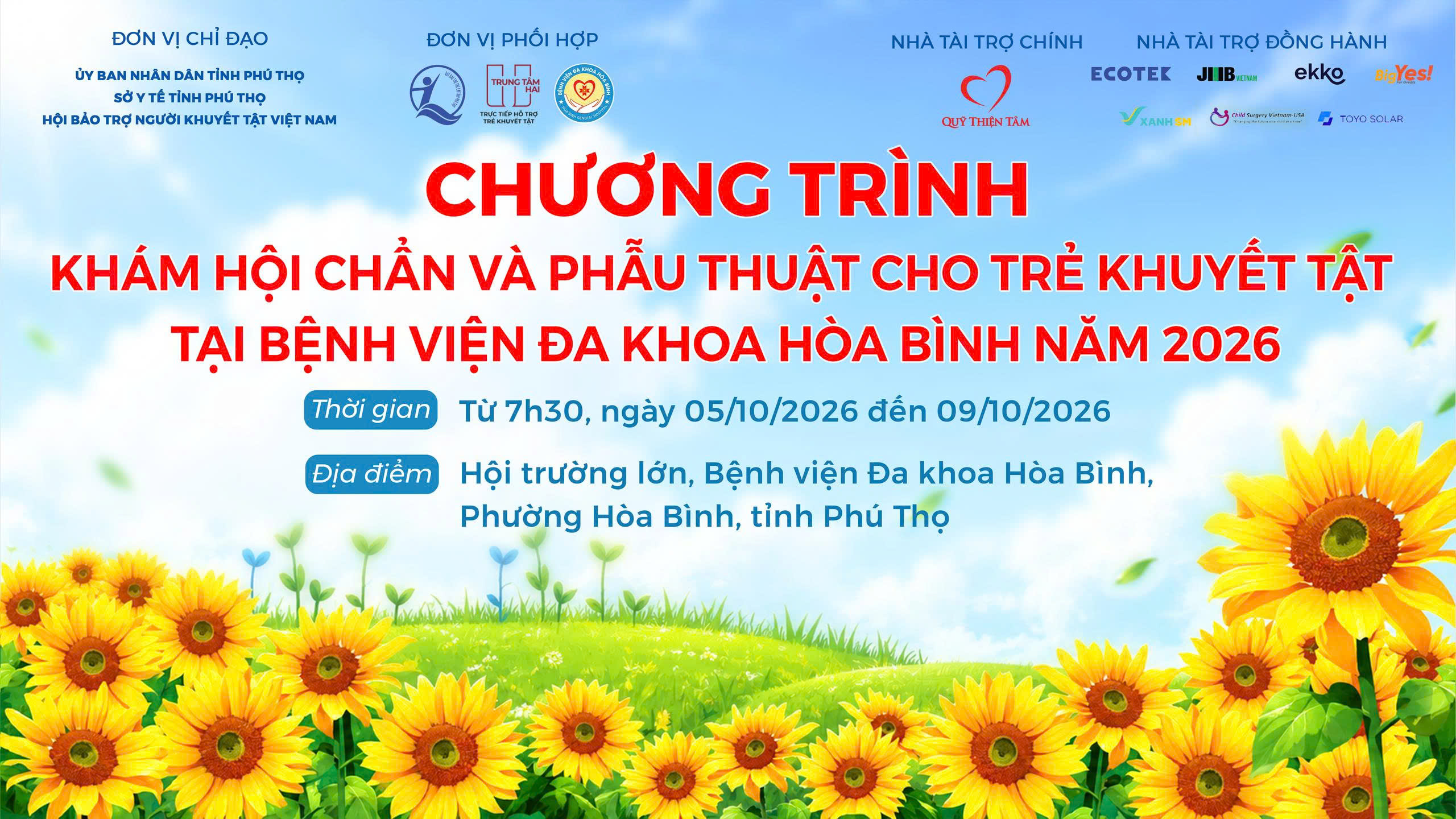  Thông báo tổ chức Chương trình khám, hội chẩn và phẫu thuật cho trẻ em khuyết tật có hoàn cảnh khó khăn năm 2026 tại Bệnh viện Đa khoa Hòa Bình